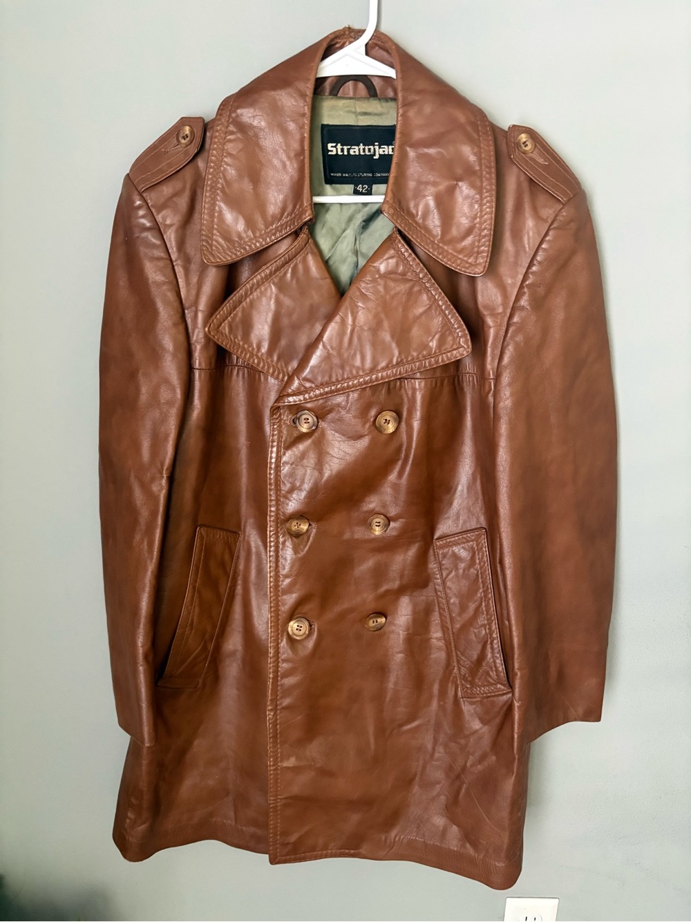 Vintage 1970s Stratojac Double Breasted Leather Trench Coat Men's Size 42 Large